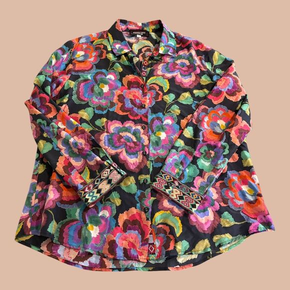 Johnny Was Tops - Johnny Was Workshop Shirt Womens L Multicolor Floral Silk Embroidered Cuff Boho
